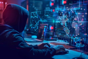 Obraz premium A man wearing a hoodie is focused on working on a computer, How do firewalls safeguard against cyber threats in the online world?