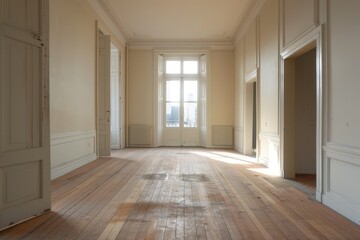 Obraz premium An empty room with white walls and wooden floors, How does the presence of underfloor heating change the overall atmosphere of an old flat?
