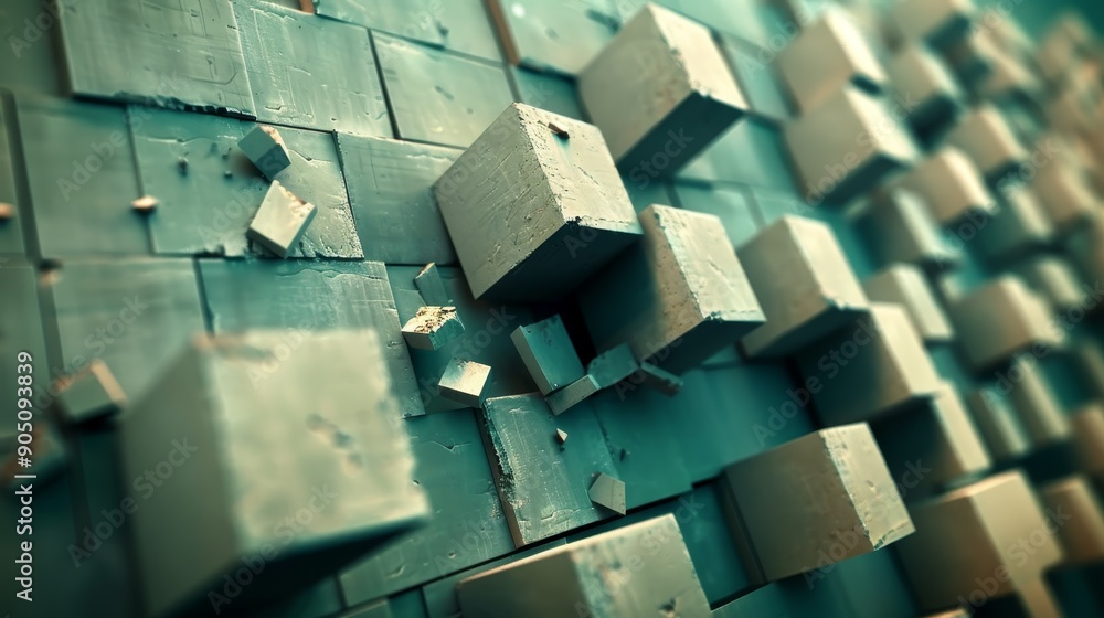 Poster abstract geometric background with a grid of cubes in a teal and gray color scheme.