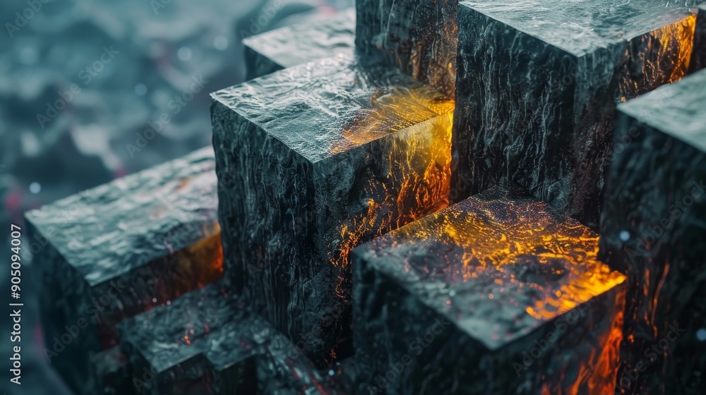 Aufkleber abstract image of stacked cubes with glowing orange light emanating from within. the cubes are textu