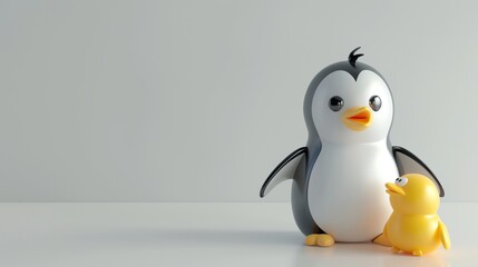 Obraz premium A cartoon penguin and a cartoon chick on a white background.