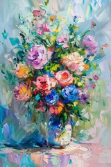 A lively bouquet of colorful roses fills a glass vase, showcasing vibrant hues and dynamic brushstrokes