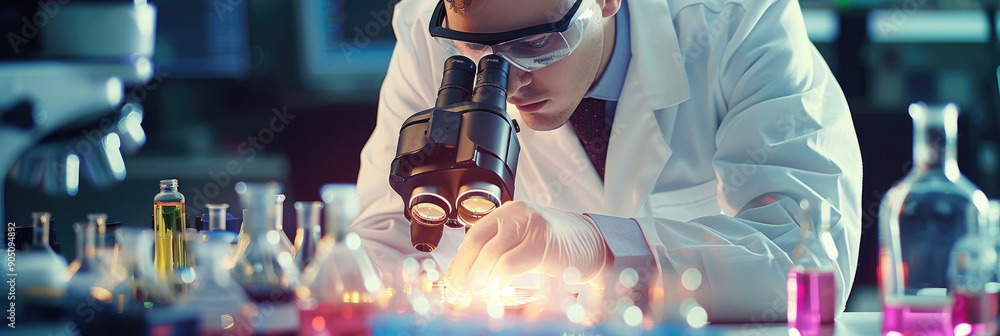 Poster a scientist examines vibrant liquids through a microscope in a busy laboratory