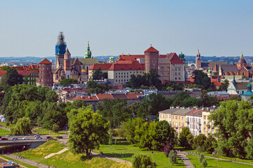 View from above on Wawel castle, Saints Peter and Paul Church and St. Mary's Basilica at Krakow,...