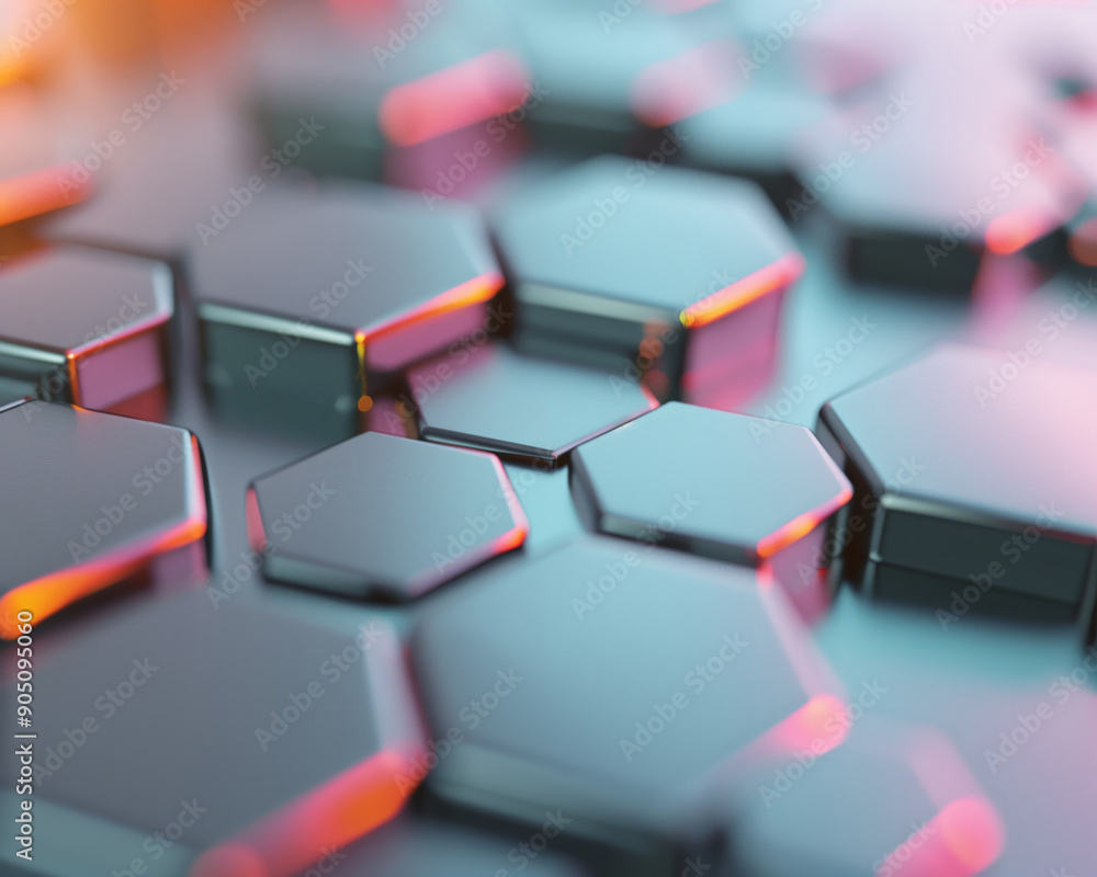 Poster a close-up view of interlocking hexagons showcasing a sleek, modern design with metallic textures an