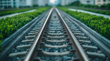straight railway tracks leading into cityscape with lush green bushes on either side.
