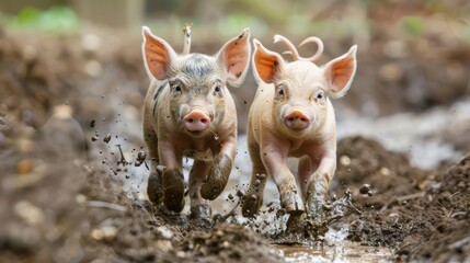 Two Piglets Running Through Mud