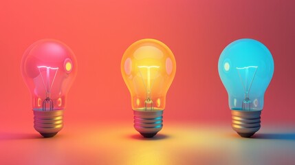 Three glowing lightbulbs in pink, yellow, and blue, against a vibrant red background.