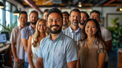Fototapeta premium Diverse group of professionals standing together in a modern office, highlighting teamwork and collaboration.