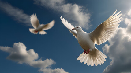 Obraz premium Symbol of Peace: White Dove in Flight and Peace Signs in the Sky