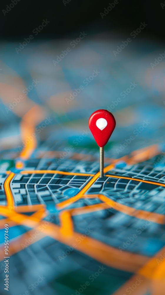 Poster red push pin marking location on detailed city map with blurred background