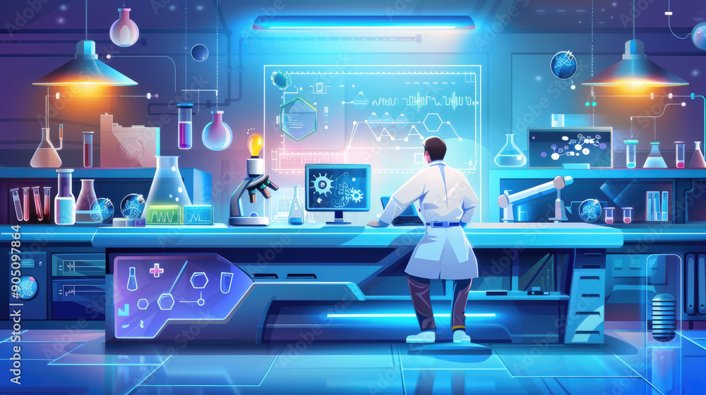 Aufkleber a researcher analyzes data on a computer screen in a modern lab filled with equipment