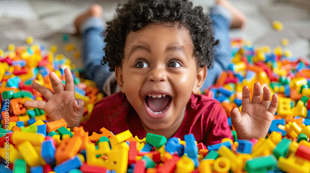 Poster a delighted child enthusiastically plays in a vibrant collection of building blocks