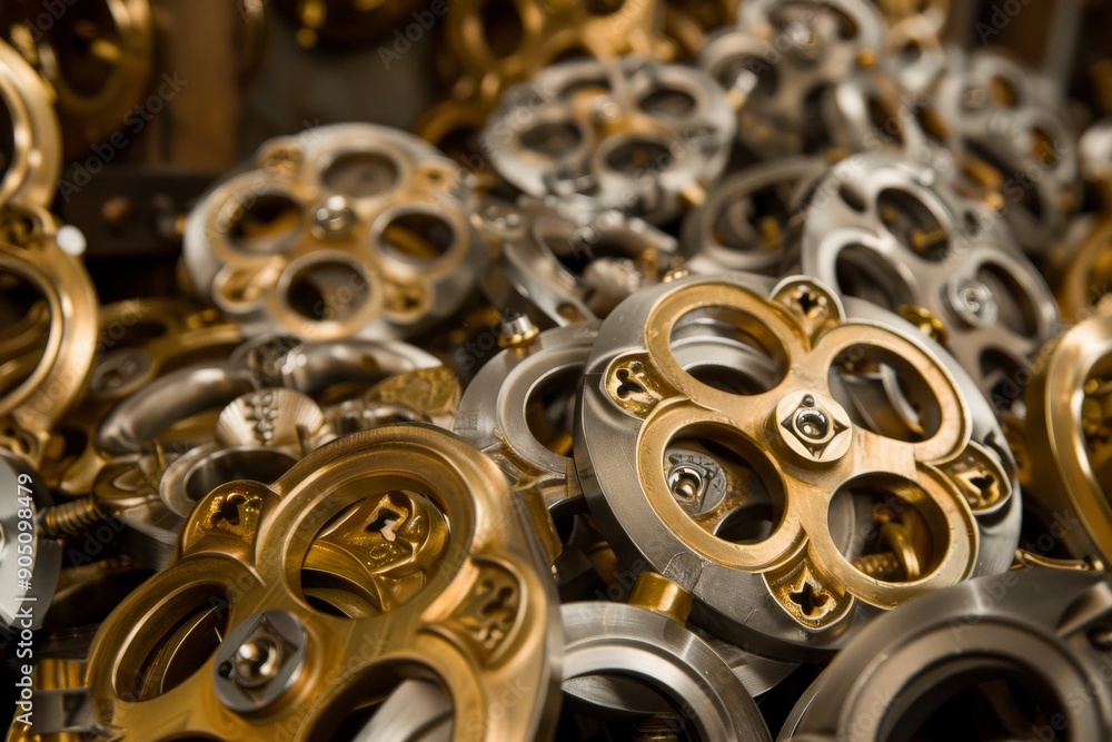 Poster gleaming golden gears and cogs close-up, a metaphor for complex systems and intricate mechanical des
