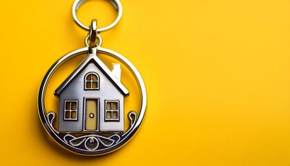 House-shaped keychain on a yellow background