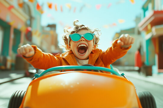 a child drives down the street in a soapbox at full throttle, laughing . motion/funny energetic scene