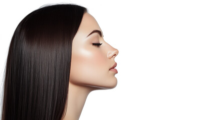 Fototapeta premium Profile photo of a beautiful woman with straight shiny hair on a white background