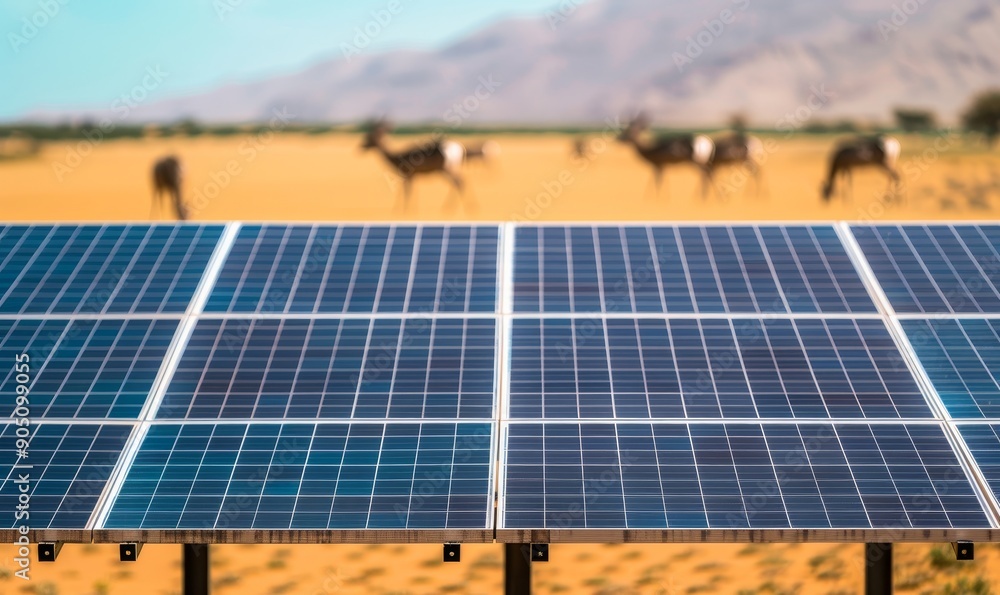 Wall mural solar panels in the desert landscape with gazelle in the background - sustainable energy and wildlif