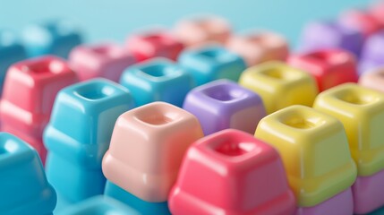 A close-up of colorful, glossy, plastic objects arranged in rows. The smooth, rounded edges create a playful and abstract design.
