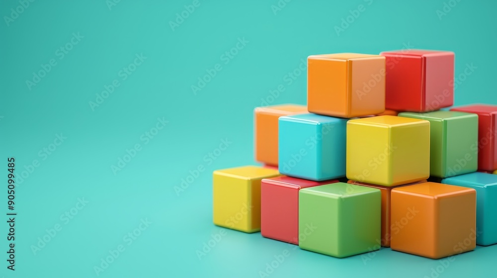Poster a colorful stack of blocks on a teal background.