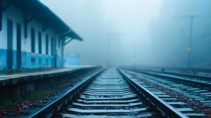Fototapeta premium empty train tracks disappearing into fog at a rural train station - misty morning atmosphere