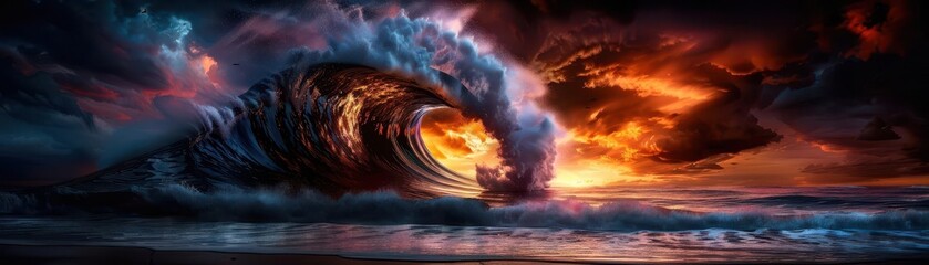 Obraz premium Giant wave crashing over a coastal cliff, Disaster, Dark tones, 3D rendering