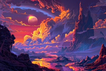 Fantasy landscape with vibrant clouds and a distant moon