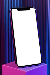Black smartphone screen mockup background on purple cubic stand