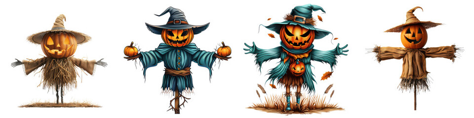 Four Halloween scarecrows with different costumes and poses