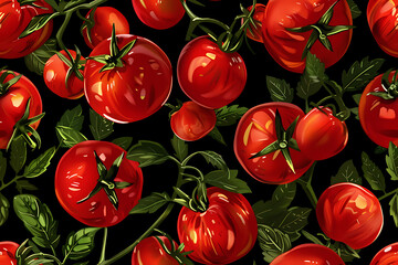 Tomatoes seamless pattern on a black background. Red ripe tomatoes with a green stem. Great for menus, labels, packaging.