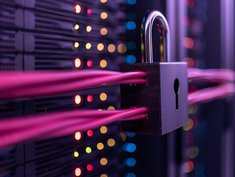 secure server network data protection with padlock on cables - cyber security concept