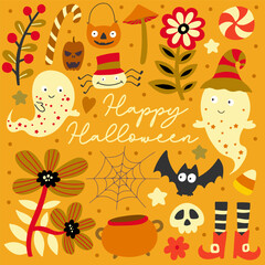 Happy Halloween. Vector cute illustrations of objects: pumpkin head, black cat, ghosts, for postcard creation, greeting card.
