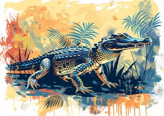 Digital illustration of an alligator rendered in a polygonal style, set against a background of tropical plants and vibrant paint splatter effects