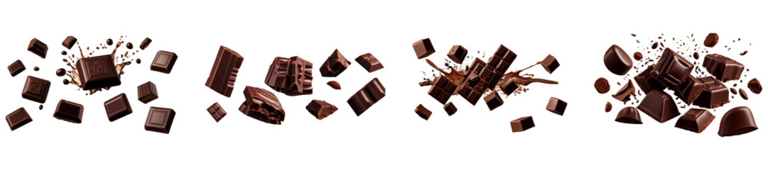 Obraz premium Set of Delicious chocolate pieces, fresh dark brown chocolate with falling piece cut out isolated on a transparent background