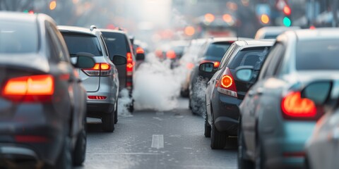 Fototapeta premium city traffic jam with exhaust fumes and blurred background - urban transportation and air pollution concept