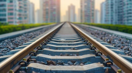 Fototapeta premium train tracks leading towards modern urban skyline - railroad perspective - cityscape - journey - future - transportation - travel - progress - develop