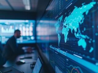 cybersecurity expert monitoring global network on large screen in modern data center.