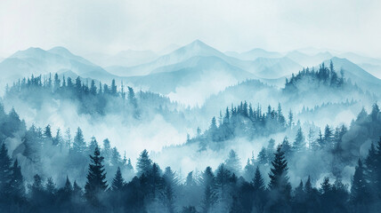 Obraz premium Abstract foggy forest landscape with misty mountains