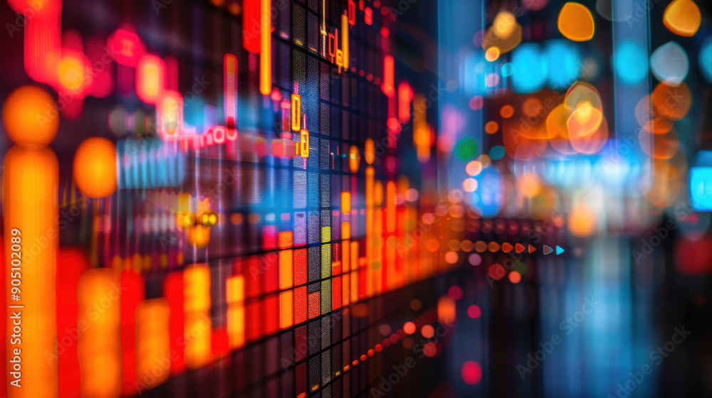 Poster dynamic and colorful visualization of stock market data, representing financial trends and analysis 
