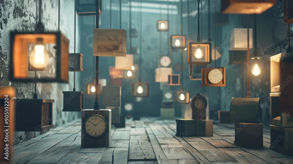Poster a rustic interior space with a unique lighting installation. wooden boxes with edison bulbs hang fro