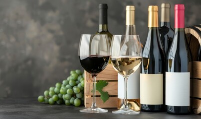 Obraz premium wine tasting set with red and white bottles, glasses, grapes, and wooden crate on rustic background.