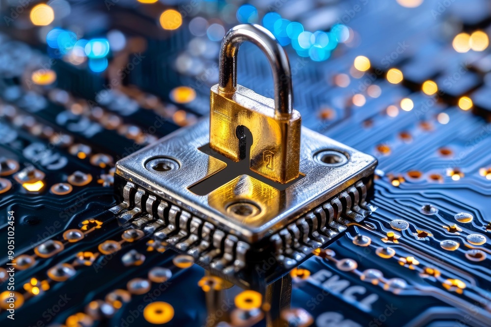 Aufkleber cyber lock on motherboard, emphasizing data security and protection in a digital age of technology.