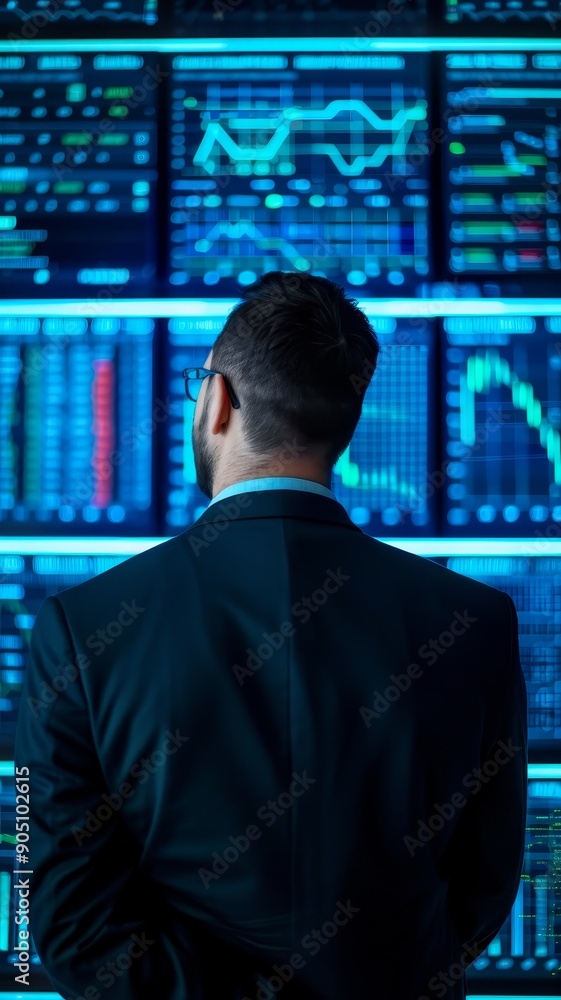 Aufkleber businessman analyzing data on multiple screens in a modern office setting - stock