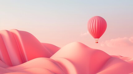 Obraz premium A single pink hot air balloon floats over a surreal landscape of soft pink hills and clouds.