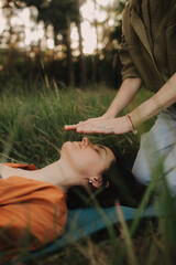 Female energy massage relaxing and care treatment for body and mind full health gentle woman arms...