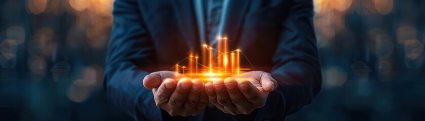 A businessman holds glowing bars of light symbolizing growth, innovation, and opportunity in a futuristic environment.