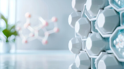 Close-up of hexagonal ceramic structures with a blurred molecular model in the background, showcasing modern scientific design.