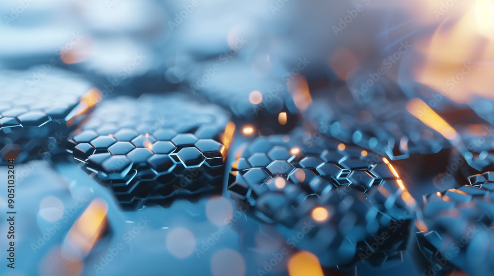 Poster close-up of intricate hexagonal patterns with a sleek, reflective surface, showcasing modern design 