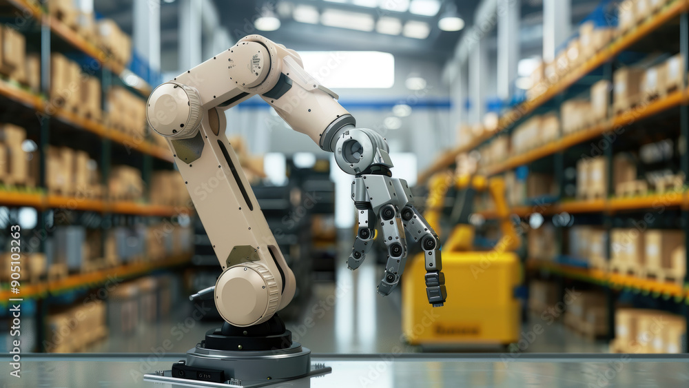 Poster high-tech robotic arm in a warehouse setting enhancing automation and productivity