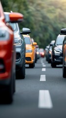 Fototapeta premium rush hour traffic congestion on a winding road with cars lined up in a queue, perspective shot emphasizing the line of vehicles